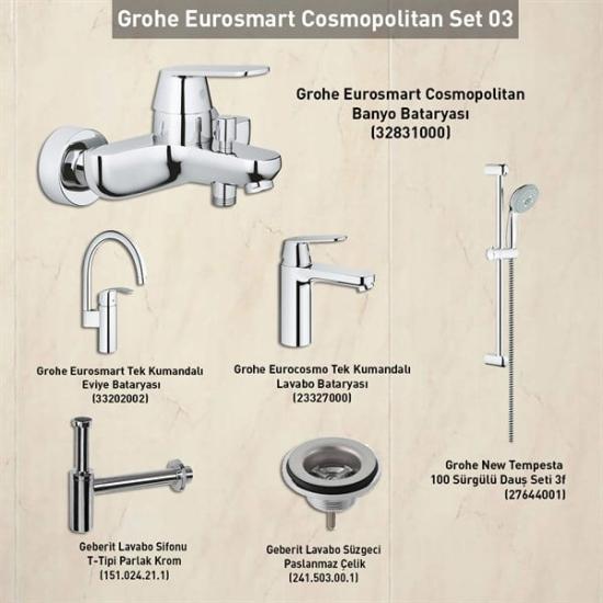 Grohe Eurosmart Cosmopolitan Armatür Set + Geberit T tipi Lavabo Sifonu
